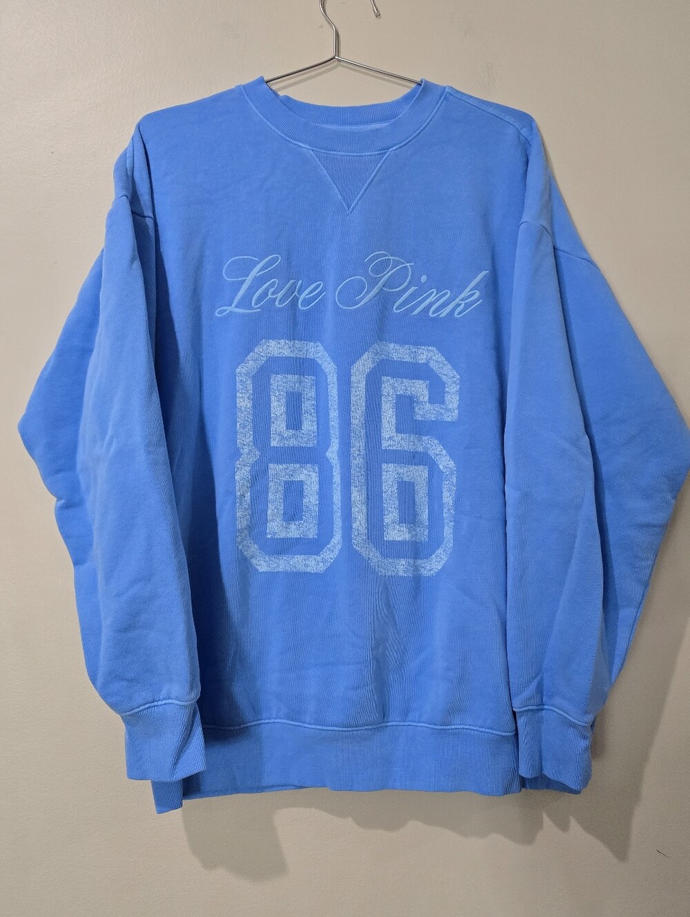VS Pink Campus Fleece Crew Sweatshirt Sz Med Capri Blue NWOT
